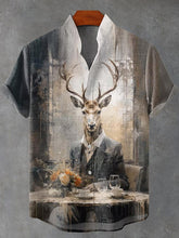 Deer In The Cafe Abstract Art Vintage Print Cotton Linen Casual Shirt