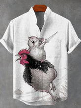 A Mouse Riding A Chicken Vintage Print Cotton Linen Casual Shirt