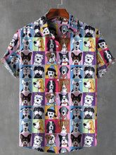 Vintage Cute Dogs Patchwork Illustration Art Print Lapel Casual Cotton Linen Shirt