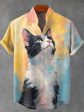 Black and White Cat On Multicolor Background Vintage Print Cotton Linen Casual Shirt
