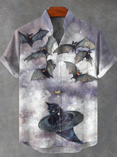 Halloween Bat Cat Flying Art Print Cotton Linen Casual Shirt