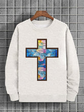 Men's Church Stained Glass Window Cross Print Cotton Casual Sweatshirt