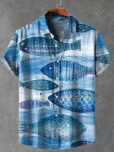 Men's Retro Fish Print Casual Cotton Linen Short Sleeve Shirt