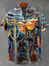 Desert Cactus Sunset Cat Art Print Cotton Linen Casual Shirt