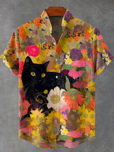 Cute Animals Flowers Black Cat Art Print Cotton Linen Casual Shirt