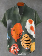 Chubby Little Fish Vintage Print Cotton Linen Casual Shirt