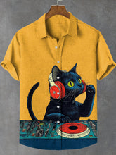 Men's Enjoy Music Black Cat DJ Print Cotton Linen Casual Short Sleeve Shirt