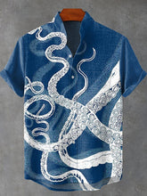 Simple Blue-and-white Octopus Tentacles Vintage Print Cotton Linen Casual Shirt