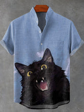 Cute Funny Animals Black Cat Vintage Print Cotton Linen Casual Shirt