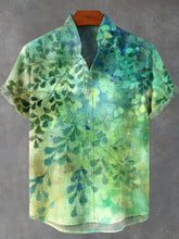 Fresh Small Green Leaves Vintage Print Cotton Linen Casual Shirt