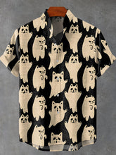 Cat Ghost Art Print Cotton Linen Casual Shirt