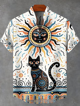 Funny Retro Ethnic Black Cat Sun Art Print Cotton Linen Casual Shirt