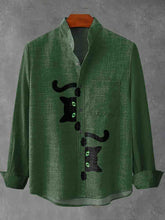 Black Cat Peekaboo Pattern Cotton Linen Long Sleeve Shirt