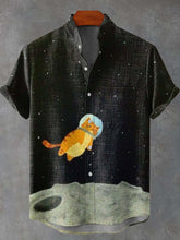 Cute Space Odyssey Cat Decorative Pattern Cotton Linen Casual Shirt