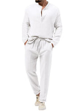 Men's Textured Plain Half Button Long Sleeve T-Shirt Pants Matching Set
