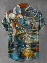 Hand Drawn Undersea Octopus And Fish Graphic Print Cotton Linen Casual Shirt
