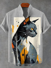 Handsome Black Cat Vintage Print Casual Cotton Linen Shirt