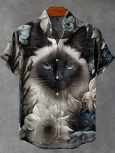 Dark Flowers Siamese Cat Vintage Print Cotton Linen Casual Shirt