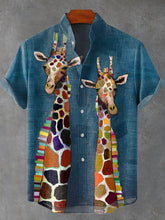 Abstract Funny Animals Geometry Giraffe Vintage Print Cotton Linen Casual Shirt