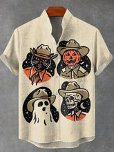 Halloween Cowboy Black Cat Skeleton Vintage Print Cotton Linen Casual Shirt
