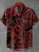 Red Octopus Foot Vintage Print Cotton Linen Casual Shirt