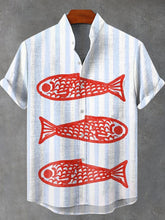 Fresh Blue Striped Red Small Fish Vintage Print Cotton Linen Casual Shirt