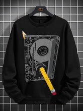 Men's Cassette Tape And Pencil Retro Art Print Cotton Long Sleeve T-Shirt Thin Sweatshirt
