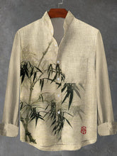 Bamboo Japanese Art Print Cotton Linen Long Sleeve Shirt