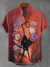 Flower Black Cat Abstract Art Print Cotton Linen Casual Shirt
