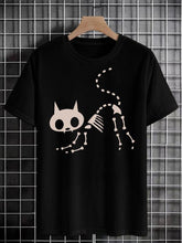 Men's Cat Skeleton Art Graphic Print Cotton Casual T-Shirt