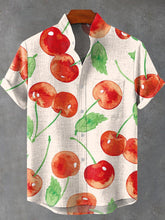 Cherry Art Print Cotton Linen Casual Shirt