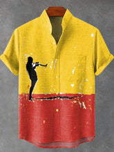Cotton Linen Decorative Pattern of A Person Playing The Trumpet In Front of A Two-color Background Casual Shirt