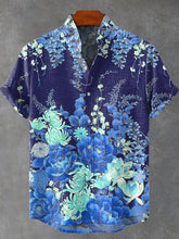 Bright Blue Dreamy Flowers Vintage Print Cotton Linen Casual Shirt