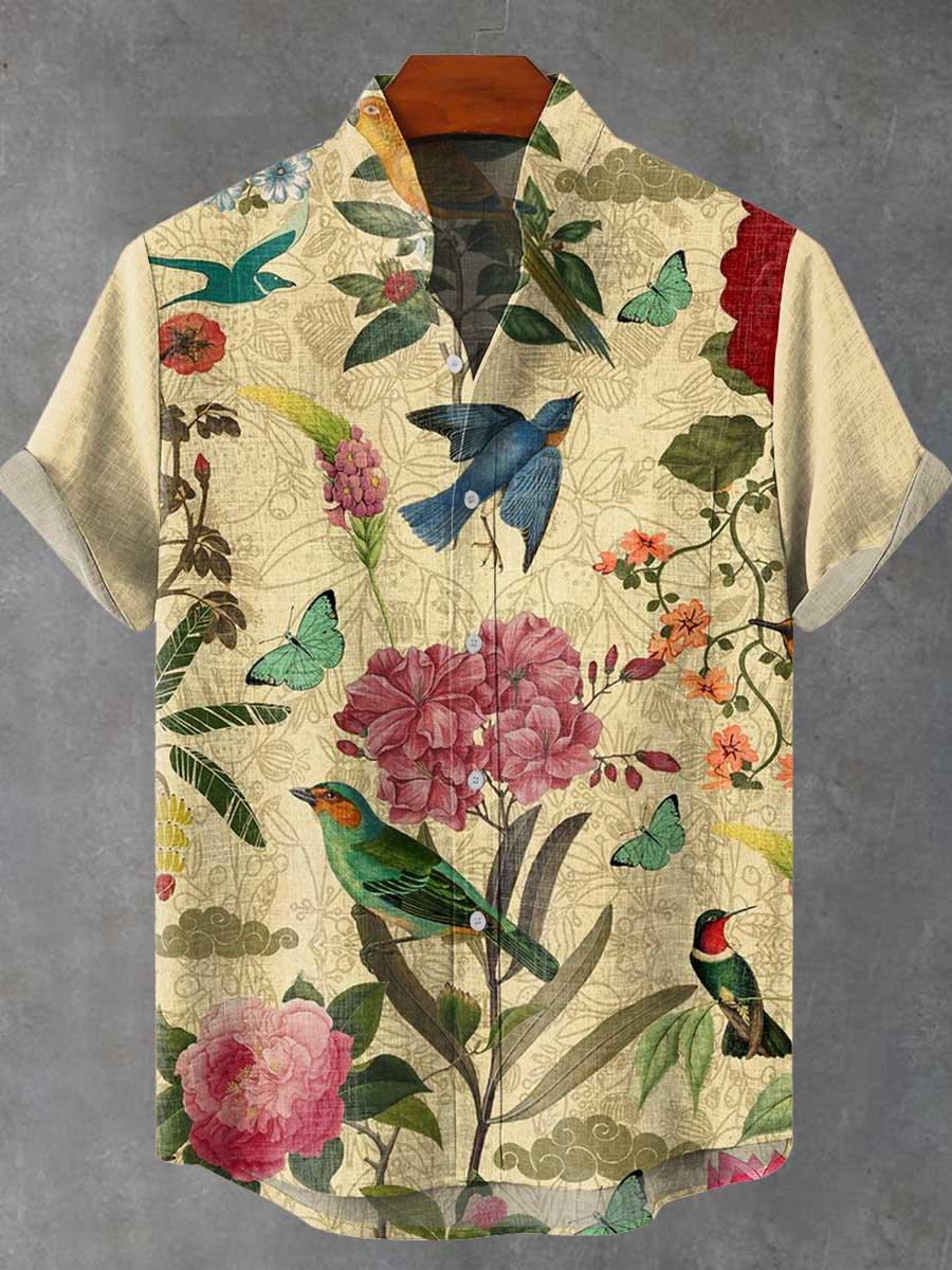 Retro Flower And Bird Print Casual Cotton Linen Shirt - Charmedream