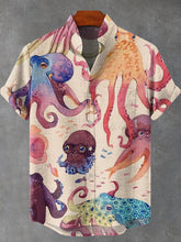 Colored Ink Octopus Vintage Print Cotton Linen Casual Shirt