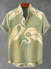 Retro Illustration Style Red Crowned Crane Pattern Print Cotton Linen Casual Shirt