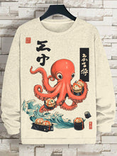 Men's Sea Wave Octopus Sushi Japanese Illustration Print Cotton Casual Sweatshirt