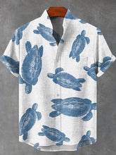 Blue Sea Turtles Vintage Print Cotton Linen Casual Shirt