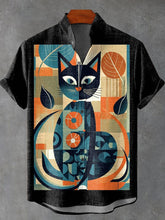 Geometric Color Block Combination Black Cat and Fallen Leaves Decorative Pattern Cotton Linen Casual Shirt