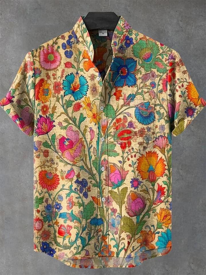 Men's Indian Folk Floral Print Art Casual Cotton Linen Shirt - Charmedream