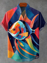 Abstract Funny Animals Geometry Fish Vintage Print Cotton Linen Casual Shirt