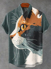 Abstract Funny Animals Geometry Cat Vintage Print Casual Cotton Linen Shirt