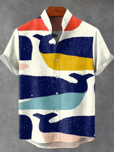 Colorblock Whale Fish Art Vintage Print Cotton Linen Casual Shirt