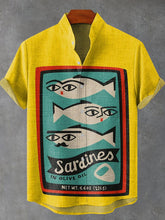 Fun Sardine Pattern Vintage Print Cotton Linen Casual Shirt