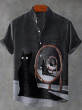 Black Cat In Mirror Art Print Cotton Linen Casual Shirt