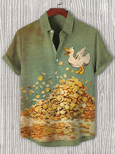 Men's Duck And Pile Of Gold Coins Art Print Cotton Linen Casual Shirt