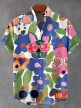 Blue Flower Sunglasses Puppy Vintage Print Cotton Linen Casual Shirt