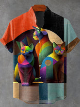 Abstract Cat Art Print Cotton Linen Casual Shirt