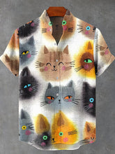 Watercolor Kittens Vintage Print Casual Cotton Linen Shirt