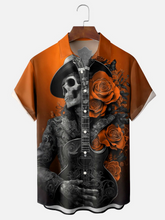 Vintage Skull Guitar Print Men's Button Pocket Short Sleeve Shirt Big & Tall